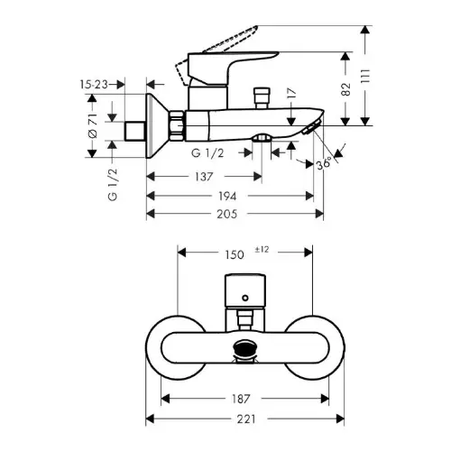 Hansgrohe Talis E za kadu 71740000 - tehnički crtež