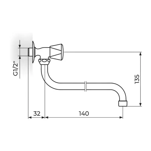Rosan Klasik Zidni ventil 1/2" g.deo - Donji izliv o18 mm -piccolo A52S140 - tehnički crtež