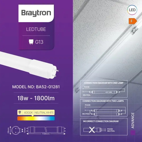 Braytron LED Cev T8 18W 120CM Dvostrana 4000K BA52-01281
