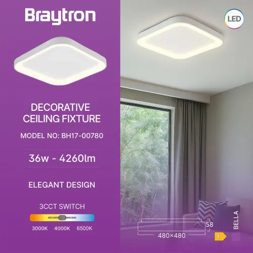 Braytron LED Plafonjera Kvadratna 36W Beli CCT IP20 BH17-00780