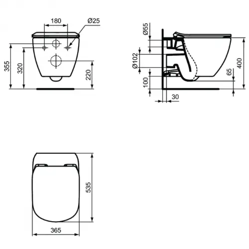 Ideal Standard Tesi AquaBlade WC šolja konzolna sa ss slim daskom T354601 - tehnički crtež