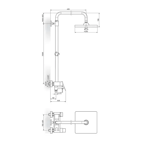 Rosan Quadro Usponski tuš JQ37355 - tehnički crtež