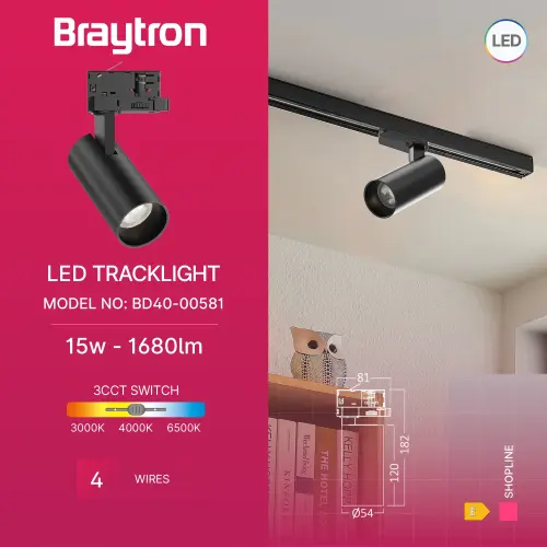 Braytron LED Šinski Reflektor 15W Crni CCT Trofazni BD40-00581