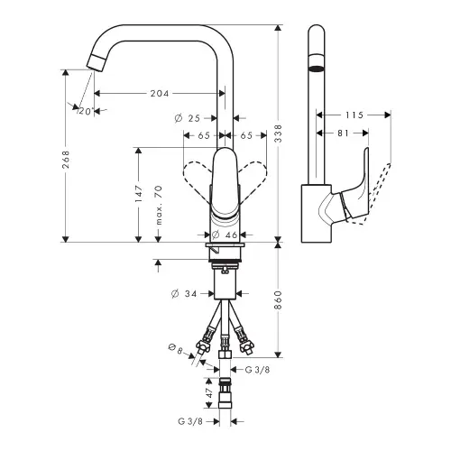 Hansgrohe Focus za sudoperu sa 3 cevi 31822000 - tehnički crtež