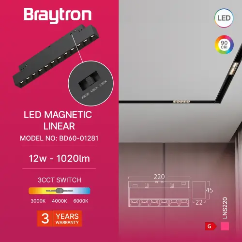Braytron Magnetna Linearna Svetiljka 12W Crni CCT 48VDC BD60-01281