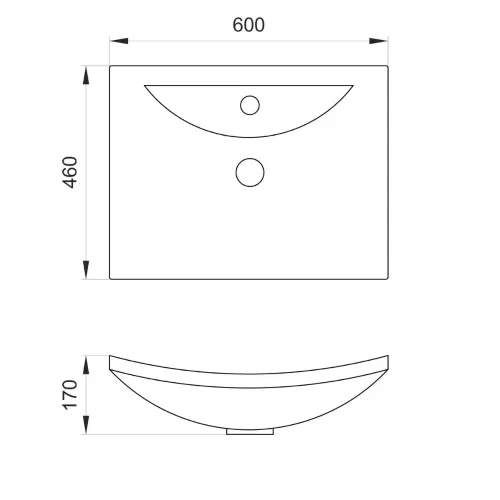 Elegant 600x460/170mm nadgradni lavabo - tehnički crtež