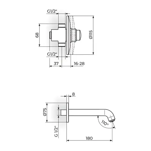 Rosan Uzidni ventil 8/12 sek. sa izlivom 230 mm A76003 - tehnički crtež