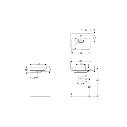 Geberit Lavabo 600x480mm Myday Bez Preliva 125460600 - tehnički crtež