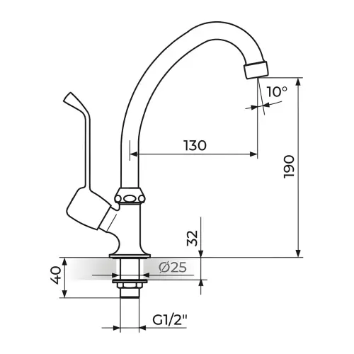 Rosan MEDICAL Stojeći ventil za - pokretni izliv o18 mm , 130 mm AM531130 - tehnički crtež