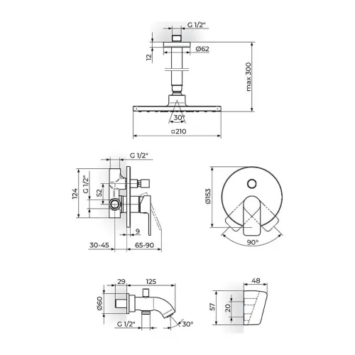 Rosan S2 Black uzidna baterija sa izlivom, plafonskim tušem 210x210mm i ruč tuš 231703B - tehnički crtež