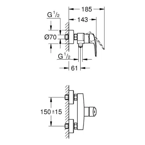 Grohe Eurosmart za tuš kadu 33555003 - tehnički crtež