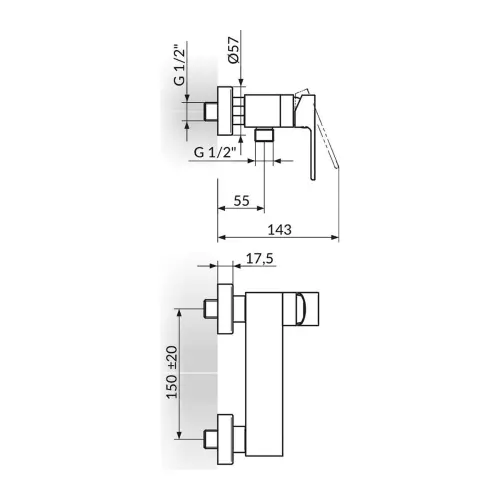 Rosan S2 Black Baterija za tuš kadu 237101B - tehnički crtež