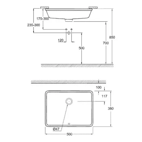 Grohe Cube Ceramic Umivaonik podgradni 50 3948000H - tehnički crtež