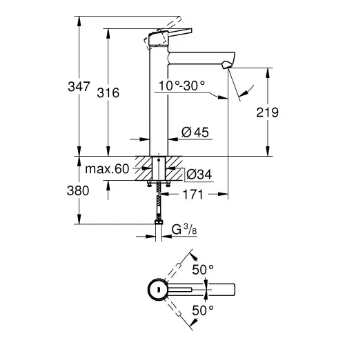 Grohe Concetto za umivaonik XL SIZE 23920001 - tehnički crtež