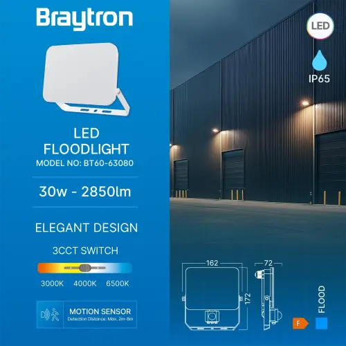 Braytron LED Reflektor 30W Beli CCT IP54 sa Senzorom BT60-63080