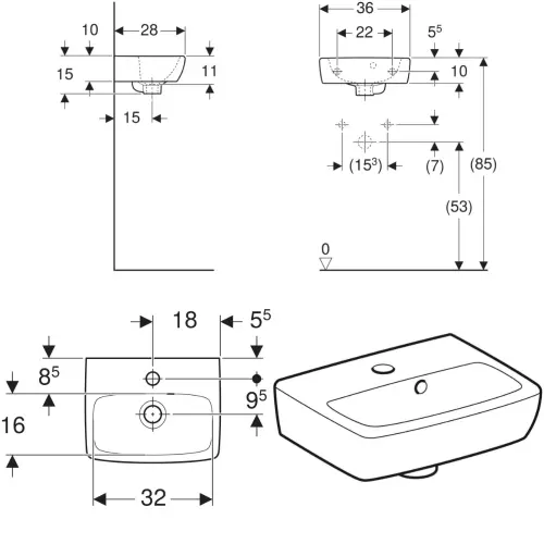 Geberit Lavabo 360x280mm Selnova Square 500.316.01.7 - tehnički crtež