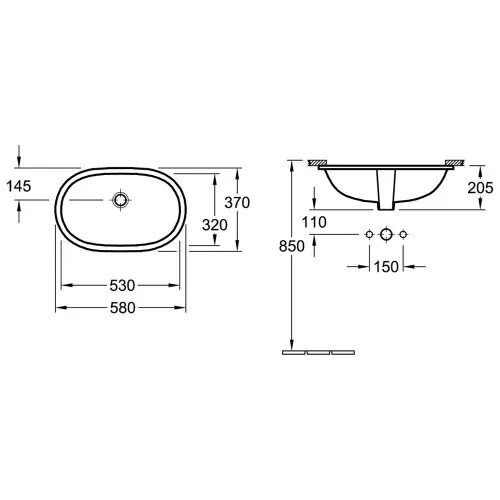 Villeroy & Boch O novo lavabo 530x320 mm podgradni 41625001 - tehnički crtež