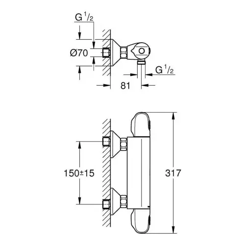 Grohe Grohtherm 1000 TERMO za tuš kadu 34143003 - tehnički crtež