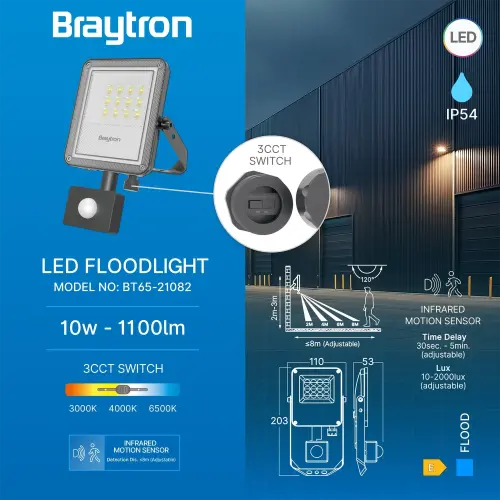 Braytron LED Reflektor 10W Sivi CCT IP65 sa Senzorom BT65-21082