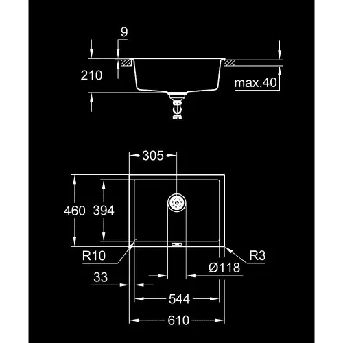 Grohe K700U 70-C GRANITNA ugradna 610x460 Crna  - tehnički crtež
