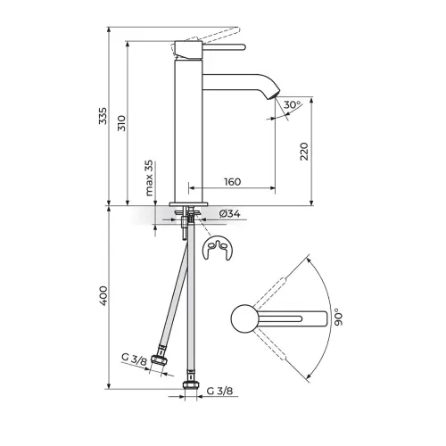 Rosan Zerro za lavabo Visoka JZ30109 - tehnički crtež