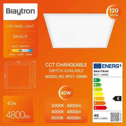 Braytron LED Panel Ugradni 595X595 40W Beli CCT BP27-26680