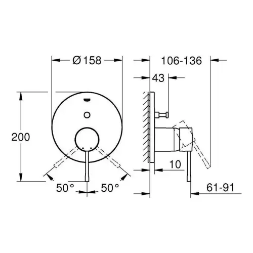 Grohe Essence mešač sa prebacivačem Cool sunrise 24058GL1 - tehnički crtež