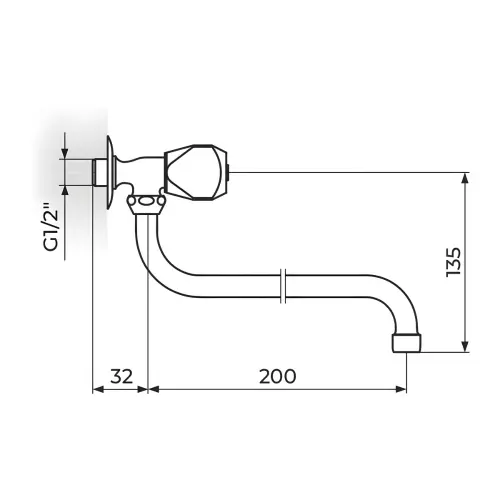 Rosan Klasik Fumme Zidni ventil 1/2" g.deo - Donji izliv o18 mm AF52S200 - tehnički crtež