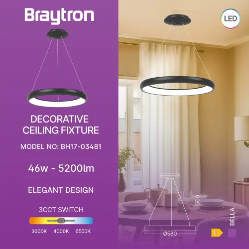 Braytron LED Visilica Okrugla 46W Crni CCT IP20 BH17-03481