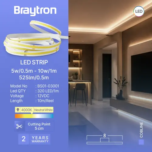 Braytron LED COB Traka 10W 320D COB 4000K 12V IP20 10M BS01-03001