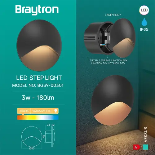 Braytron LED Zidna Svetiljka Veksus 3W Crna 3000K IP65 BG39-00301