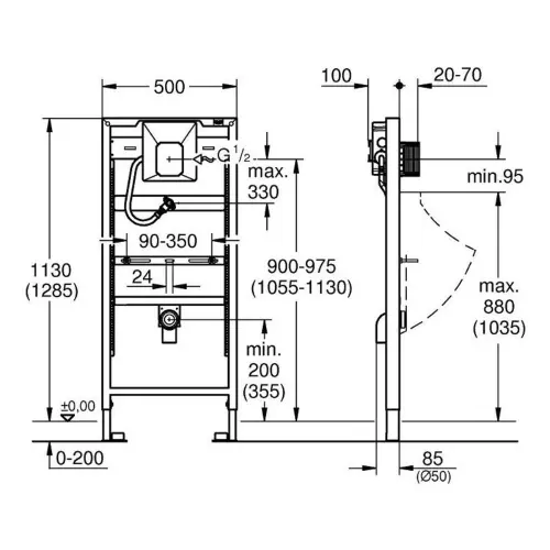 Grohe Rapid SL ugradni element za Pisoar 38786001 - tehnički crtež
