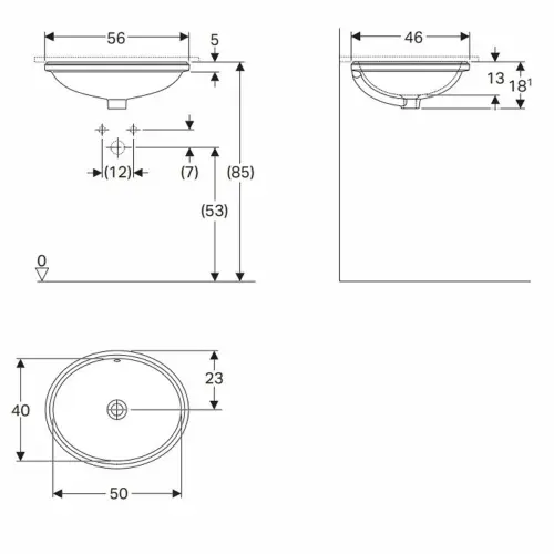 Geberit VariForm podgradni lavabo 56x46 cm, bez preliva 500.754.01.2 - tehnički crtež