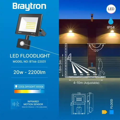 Braytron LED Reflektor 20W Crni 6500K IP54 sa Senzorom BT66-22031