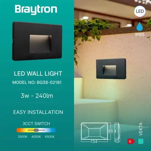 Braytron LED Zidna Svetiljka Kvadratna 3W Crni CCT IP65 BG38-02181