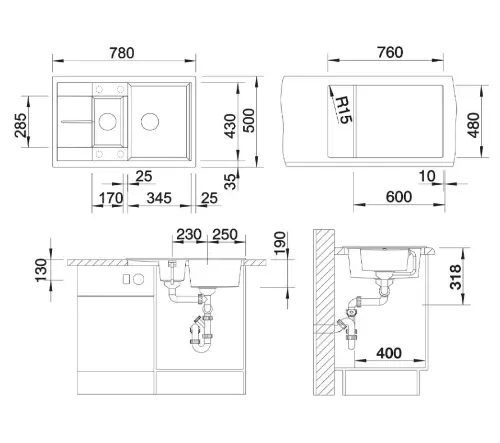 Blanco METRA 6 S Compact antracit sa p.č. 513473 - tehnički crtež