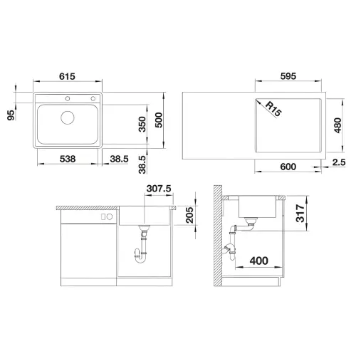 Blanco LEMIS 6-IF sudopera 615x500mm niska ivica 525108 inox dorada četkom - tehnički crtež