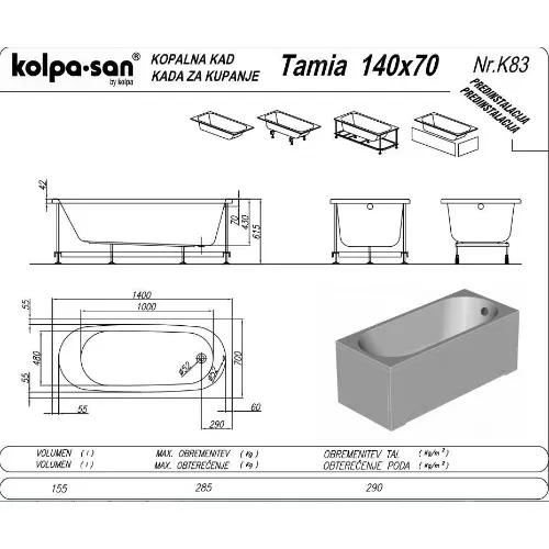 Kolpa OBLOGE S POSTOLJEM - TAMIA 140x70 TAMIA/S 140x70 572970 - tehnički crtež