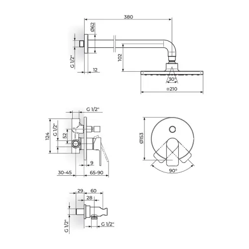 Rosan S2 Black uzidna baterija sa ,zidnim tušem210x210mm i ruč tuš 231601B - tehnički crtež