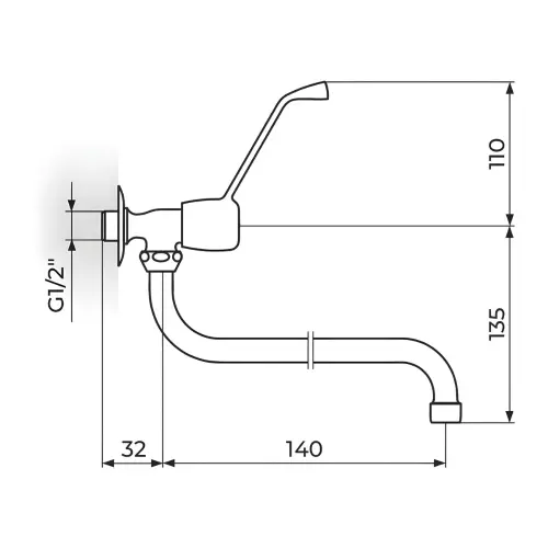 Rosan MEDICAL Zidni ventil 1/2" g.deo - Donji izliv o18 mm - piccolo AM52S140 - tehnički crtež