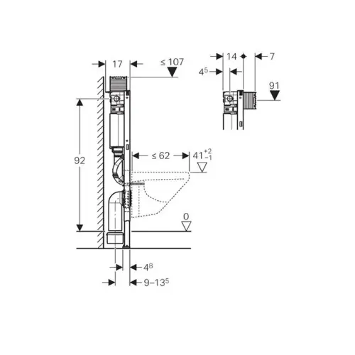 Geberit Duofix element za konzolnu WC šolju, 98 cm, sa ugradnim vodokotlićem Omega 12 cm 111.038.00.1 - tehnički crtež
