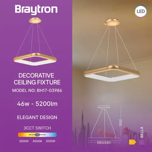Braytron LED Visilica Kvadratna 46W Zlatni CCT IP20 BH17-03986