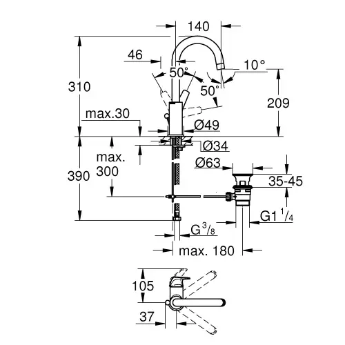 Grohe Bauflow za umivaonik L SIZE - tehnički crtež