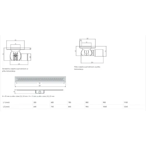 Aco ShowerDrain C tuš kanalica 885 mm h=93mm 9010.88.03 - tehnički crtež
