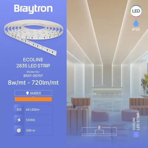 Braytron LED Traka 8W 60LED 2835 Amber 12V IP20 5M BS01-00707