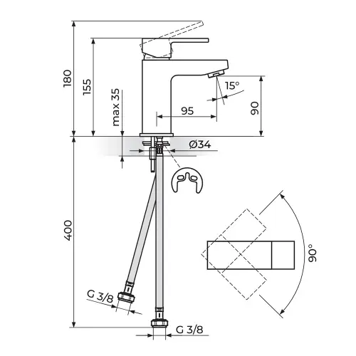 Rosan Quadro Black za lavabo JQ30101B - tehnički crtež