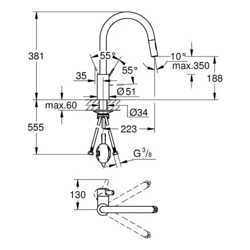 Grohe Eurosmart Cosmopolitan za sudoperu izvlačni tuš 2 funkcije 31481001 - tehnički crtež