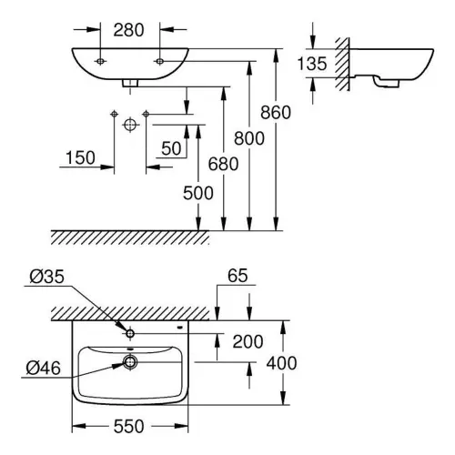 Grohe Bauedge ceramic Umivaonik 55 39807000 - tehnički crtež