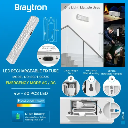 Braytron LED Punjiva Lampa BM60 60LED 6500K Bela BC01-00330