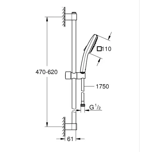 Grohe Tempesta Cube 110 Klizna šipka set 60cm 2 funkcije matt Black 267482433 - tehnički crtež